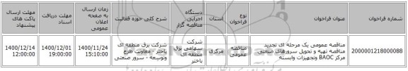 مناقصه عمومی یک مرحله ای تجدید مناقصه تهیه و تحویل سرورهای صنعتی مرکز BAOC وتجهیزات وابسته