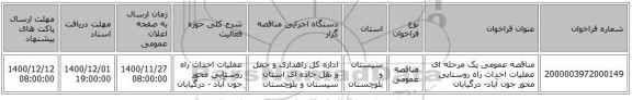 مناقصه عمومی یک مرحله ای عملیات احداث راه روستایی محور جون آباد- درگیابان