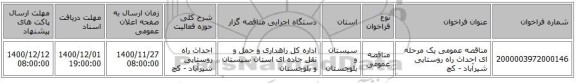 مناقصه عمومی یک مرحله ای احداث راه روستایی شیرآباد - کچ