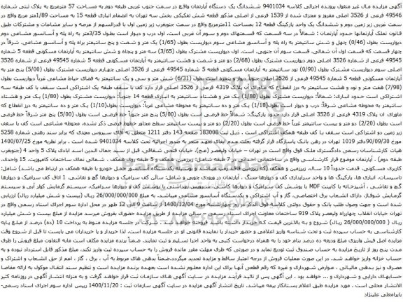 آگهی مزایده ششدانگ یک دستگاه آپارتمان واقع در سمت جنوب غربی طبقه دوم به مساحت 57 مترمربع