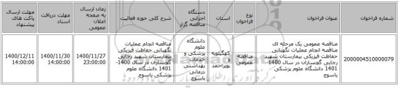 مناقصه عمومی یک مرحله ای مناقصه  انجام عملیات نگهبانی حفاظت فیزیکی  بیمارستان شهید رجایی گچساران در سال 1400-1401 دانشگاه علوم پزشکی یاسوج