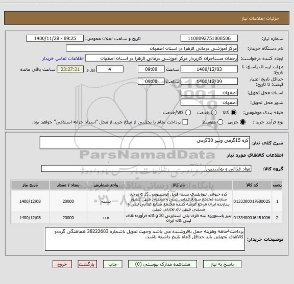 استعلام کره 15گرمی وپنیر 30گرمی