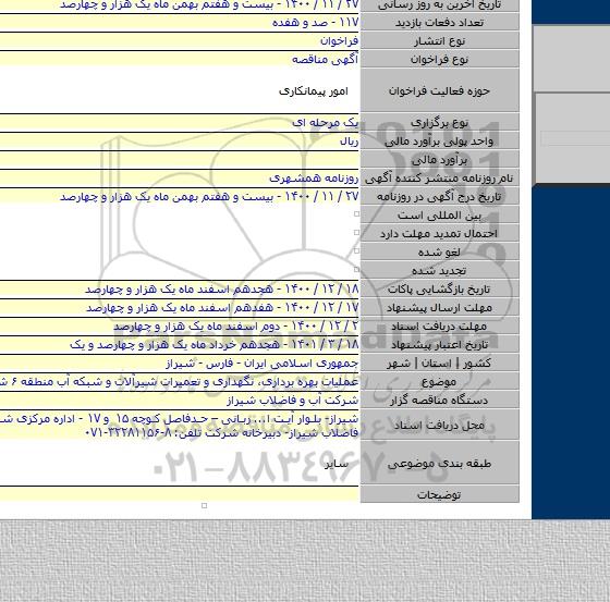 عملیات بهره برداری، نگهداری و تعمیرات شیرآلات و شبکه آب منطقه ۶ شرکت