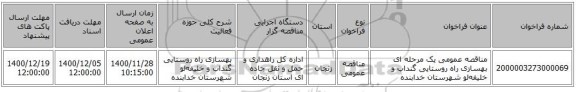 مناقصه عمومی یک مرحله ای بهسازی راه‌ روستایی گنداب و خلیفه‌لو شهرستان خدابنده