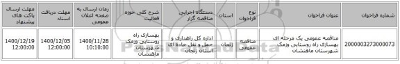 مناقصه عمومی یک مرحله ای بهسازی راه روستایی وزمک شهرستان ماهنشان