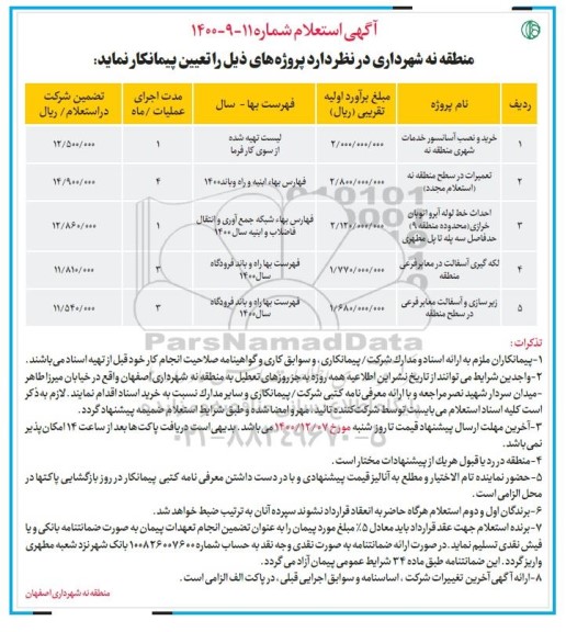 استعلام، استعلام خرید و نصب آسانسور خدمات شهری 