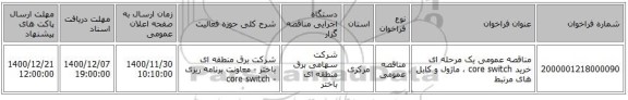 مناقصه عمومی یک مرحله ای خرید core switch ، ماژول و کابل های مرتبط