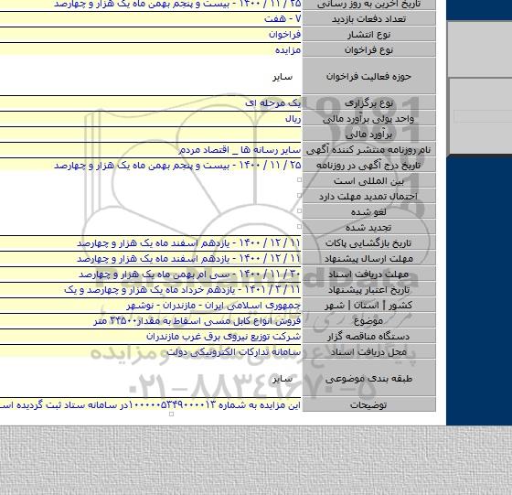 فروش انواع کابل مسی اسقاط به مقدار۲۴۵۰۰ متر