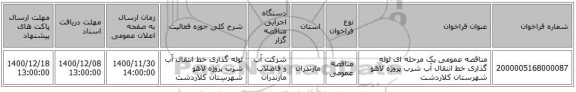 مناقصه عمومی یک مرحله ای لوله گذاری خط انتقال آب شرب پروژه لاهو شهرستان کلاردشت 