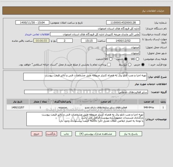 استعلام تهیه اجرا و نصب تابلو برق به همراه کنترلر مربوطه طبق مشخصات فنی و آنالیز قیمت پیوست