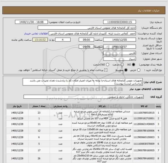 استعلام تجهیزات چوبی کتابخانه های استان-با توجه به میزان اعتبار امکان کم یا زیادشدن تعداد تجیزات می باشد (براساس لیست پیوست)