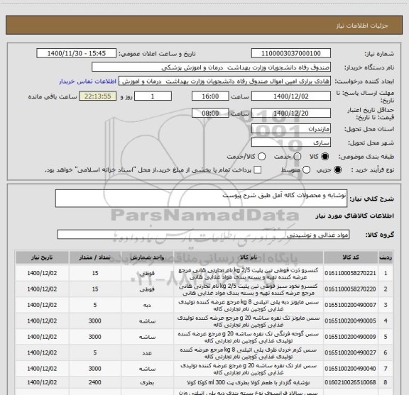 استعلام نوشابه و محصولات کاله آمل طبق شرح پیوست