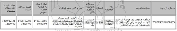 مناقصه عمومی یک مرحله ای خرید گوشت قرمز مصرفی (گوساله-گوسفندی) غذاخوری کارکنان 