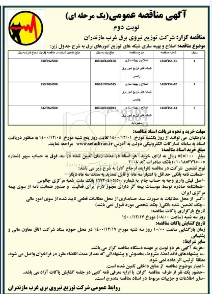 مناقصه اصلاح و بهینه سازی شبکه های توزیع امور برق- نوبت دوم