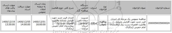 مناقصه عمومی یک مرحله ای احداث فیدر جدید جهت افزایش پایداری وقابلیت اطمینان پست برق بیمارستان امام خمینی (ره)اراک 