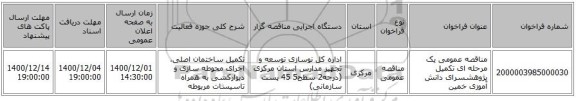 مناقصه عمومی یک مرحله ای تکمیل پژوهشسرای دانش آموزی خمین