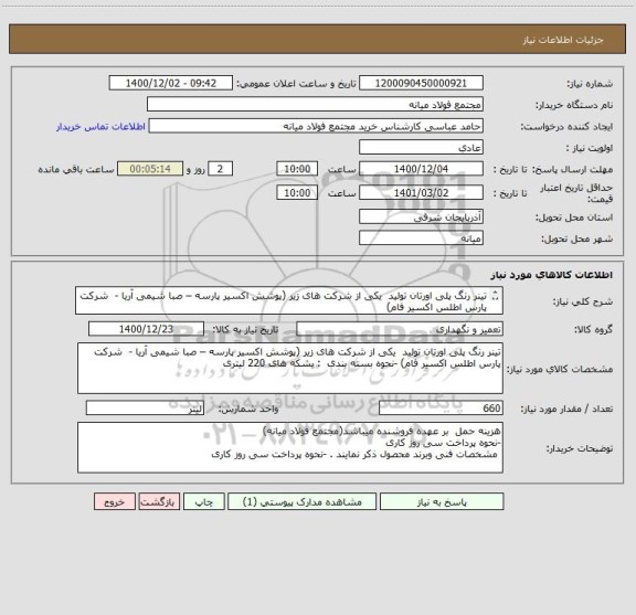 استعلام تینر رنگ پلی اورتان تولید  یکی از شرکت های زیر (پوشش اکسیر پارسه – صبا شیمی آریا -  شرکت پارس اطلس اکسیر فام)  
