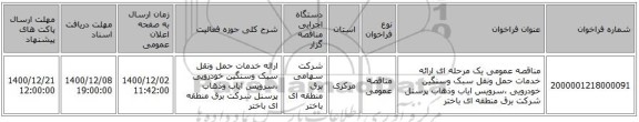 مناقصه عمومی یک مرحله ای ارائه خدمات حمل ونقل سبک وسنگین خودرویی ،سرویس ایاب وذهاب پرسنل شرکت برق منطقه ای باختر  