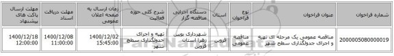 مناقصه عمومی یک مرحله ای تهیه و اجرای جدولگذاری سطح شهر