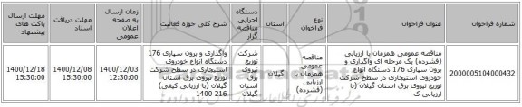 مناقصه عمومی همزمان با ارزیابی (فشرده) یک مرحله ای واگذاری و برون سپاری 176 دستگاه انواع خودروی استیجاری در سطح شرکت توزیع نیروی برق استان گیلان (با ارزیابی ک