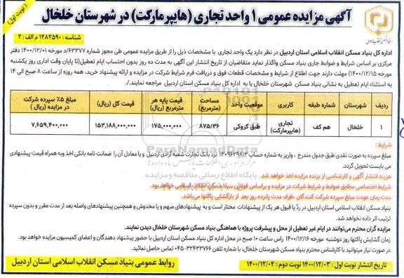 مزایده 1 واحد تجاری (هایپرمارکت)