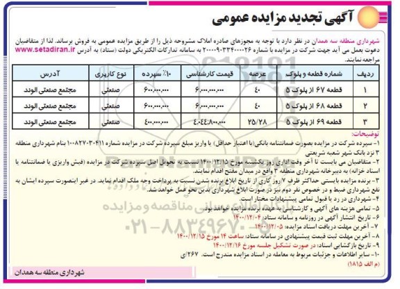 تجدید مزایده فروش سه قطعه از املاک