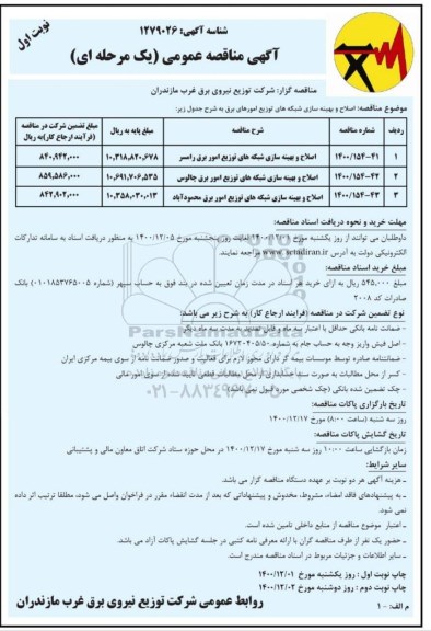 مناقصه اصلاح و بهینه سازی شبکه های توزیع امور برق 