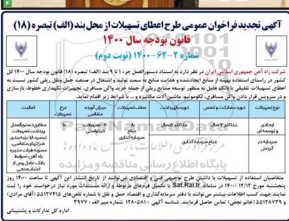 مناقصه، تجدید فراخوان عمومی طرح اعطای تسهیلات نوبت دوم