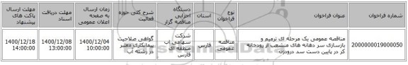 مناقصه عمومی یک مرحله ای ترمیم و بازسازی سر دهانه های منشعب از رودخانه کر در پایین دست سد درودزن