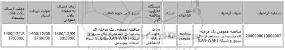 مناقصه عمومی یک مرحله ای پشتیبانی مستمر از اتاق سرور و شبکه (LAN-WAN)