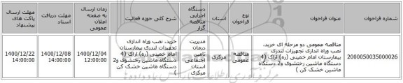 مناقصه عمومی دو مرحله ای خرید، نصب وراه اندازی تجهیزات لندری بیمارستان امام خمینی (ره) اراک (4 دستگاه ماشین رختشوی و2 دستگاه ماشین خشک کن )