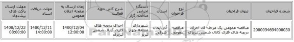 مناقصه عمومی یک مرحله ای اجرای دریچه های فلزی کانال شمس تبریزی