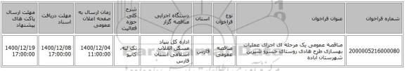 مناقصه عمومی یک مرحله ای اجرای عملیات بهسازی طرح هادی روستای خسرو شیرین شهرستان آباده