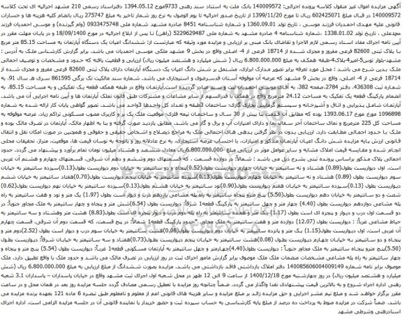 آگهی مزایده ششدانگ اعیان یک دستگاه آپارتمان به مساحت 85.15 متر مربع با پلاک ثبتی 82600 فرعی