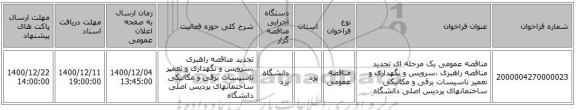 مناقصه عمومی یک مرحله ای تجدید مناقصه راهبری ،سرویس و نگهداری و تعمیر تاسیسات برقی و مکانیکی ساختمانهای پردیس اصلی دانشگاه 