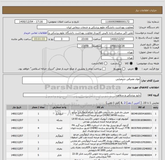 استعلام مواد مصرفی شیمیایی