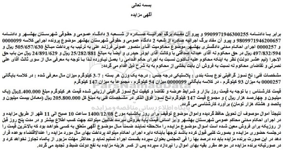 مزایده فروش  نخ نسوز گرافیتی نوع بسته بندی : پلاستیکی درجه جنس : درجه یک 