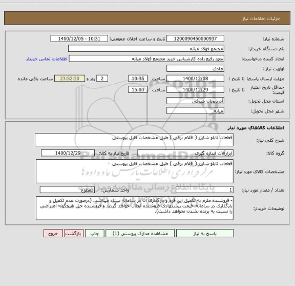 استعلام قطعات تابلو شارژر ( اقلام برقی ) طبق مشخصات فایل پیوستی