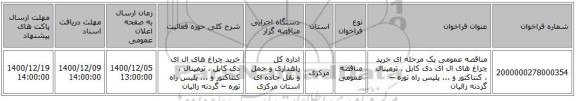 مناقصه عمومی یک مرحله ای خرید چراغ های ال ای دی کابل ، ترمینال ، کنتاکتور و ... پلیس راه توره – گردنه زالیان