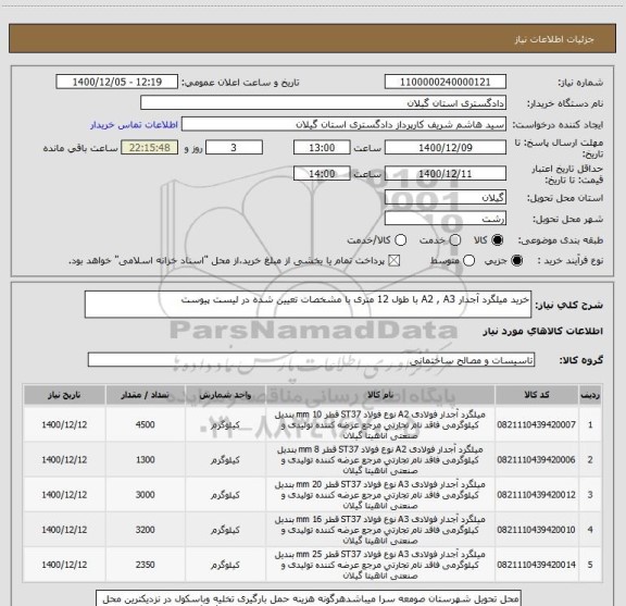 استعلام خرید میلگرد آجدار A2 , A3 با طول 12 متری با مشخصات تعیین شده در لیست پیوست 