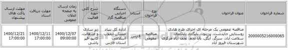 مناقصه عمومی یک مرحله ای اجرای طرح هادی روستایی جایدشت، پرزیتون، بایگان، باباکمال، سلامت آباد، سرگر، آبگل، بابا نجم، نجف آباد مرکزی شهرستان فیروز آباد