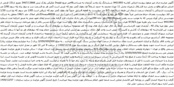 آگهی مزایده ششدانگ یک واحد آپارتمان به مساحت48متر مربع قطعه5 تفکیکی پلاک ثبتی 3467/13868