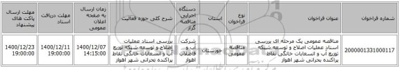 مناقصه عمومی یک مرحله ای بررسی اسناد عملیات اصلاح و توسعه شبکه توزیع آب و انسعابات خانگی نقاط پراکنده بحرانی شهر اهواز