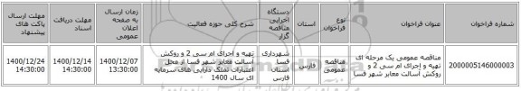 مناقصه عمومی یک مرحله ای تهیه و اجرای ام سی 2 و روکش آسالت معابر شهر فسا