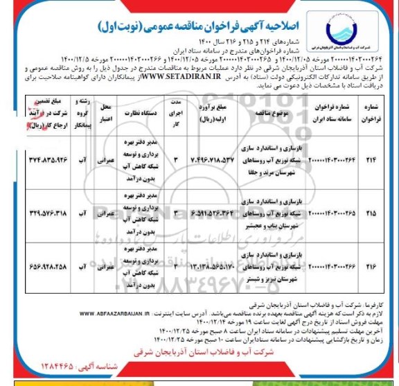 اصلاحیه مناقصه، اصلاحیه فراخوان مناقصه بازسازی و استانداردسازی شبکه توزیع آب...