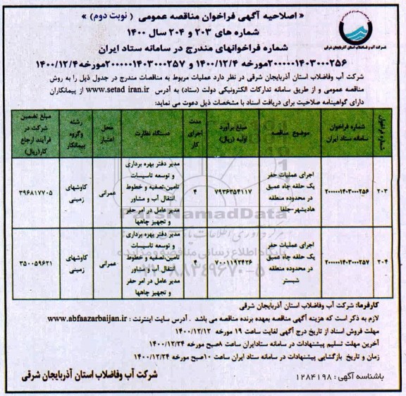 اصلاحیه مناقصه اجرای عملیات حفر یک حلقه چاه عمیق ...