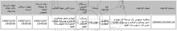 مناقصه عمومی یک مرحله ای تهیه و حمل مصالح و اصلاح و بهسازی مخازن حصیر آباد شهرستان اهواز