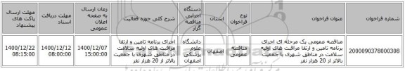 مناقصه عمومی یک مرحله ای اجرای برنامه تامین و ارتقا مراقبت های اولیه سلامت در مناطق شهری با جمعیت بالاتر از 20 هزار نفر 