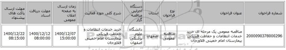 مناقصه عمومی یک مرحله ای خرید خدمات انتظامات و حفاظت فیزیکی بیمارستان امام خمینی فلاورجان