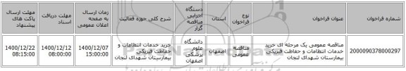 مناقصه عمومی یک مرحله ای خرید خدمات انتظامات و حفاظت فیزیکی بیمارستان شهدای لنجان